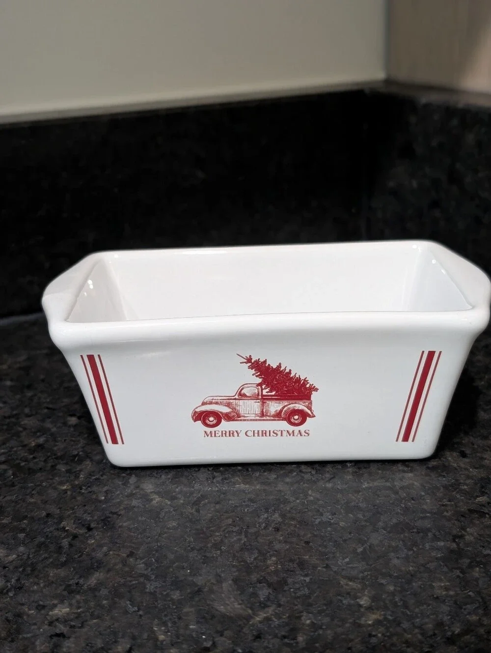 White Ceramic Holiday Serving Dish with Red Truck Motif